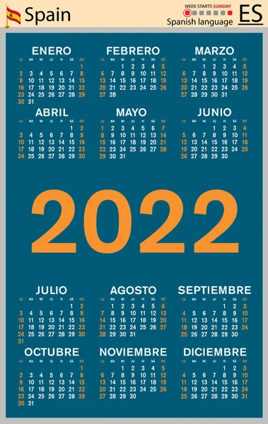 2022年西班牙立式袖珍日历 2222年 周开始周日 色彩简洁的设计 — 图库矢量图片#