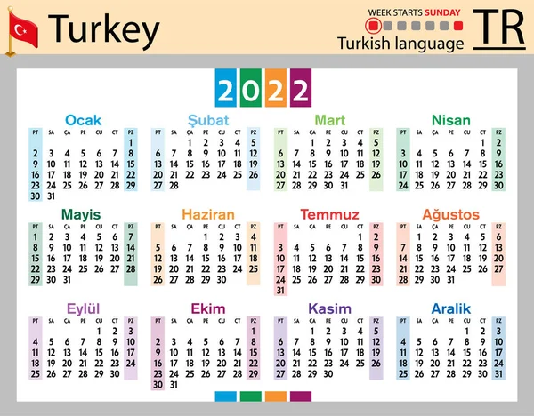 Turkse Horizontale Zakkalender Voor 2022 Tweeduizend Tweeëntwintig Week Begint Zondag — Stockvector