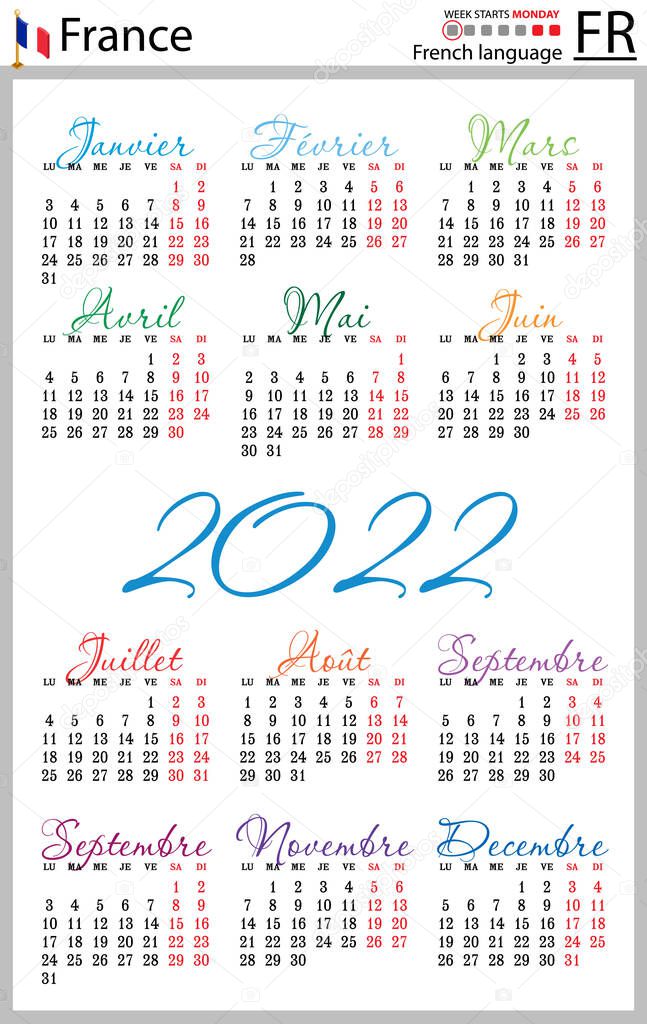 French vertical pocket calendar for 2022 (two thousand twenty two). Week starts Monday. New year. Color simple design. Vector