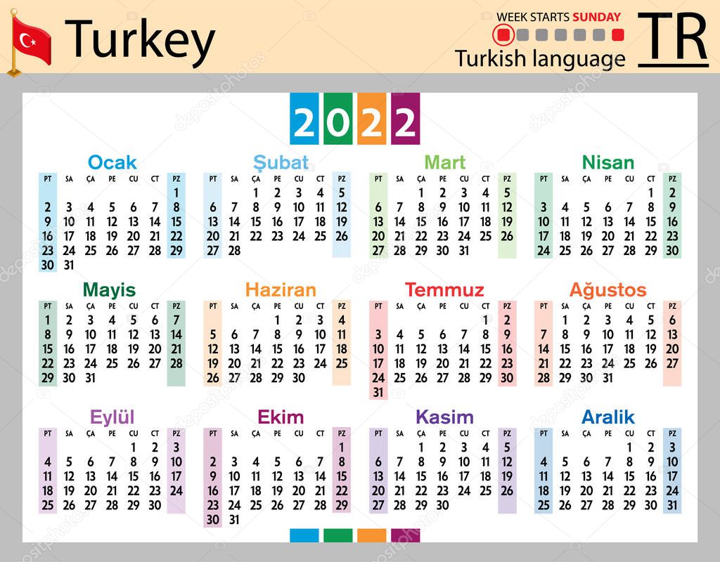 Turkish horizontal pocket calendar for 2022 (two thousand twenty two). Week starts Sunday. New year. Color simple design. Vector