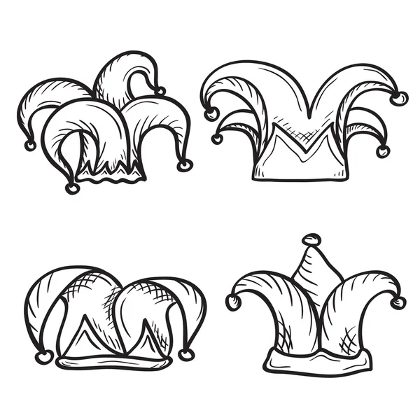 Artístico mano dibujado conjunto de bromista (bufón) sombreros — Vector de stock