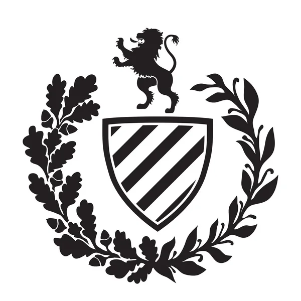 Brasão de armas escudo com leão, louro e grinalda de carvalho — Vetor de Stock