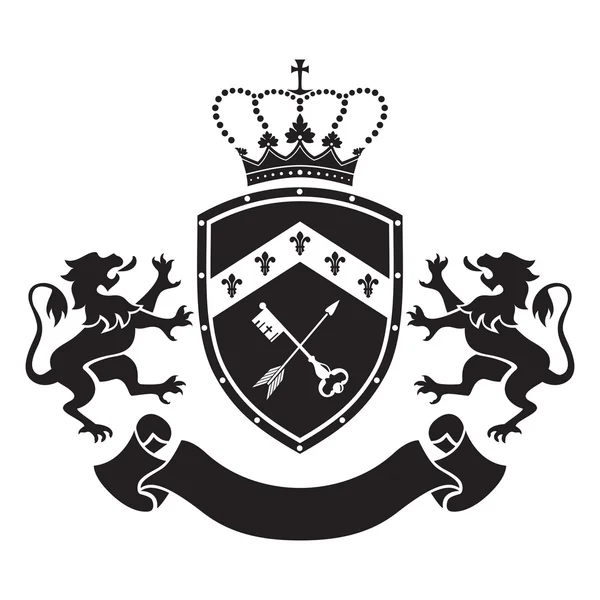 Герб - щит з короною, ключем і стрілою, дві стоячі брехні — стоковий вектор