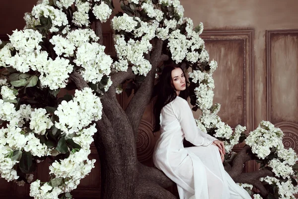 Vacker brunett modell sitter på blommande dekorativa träd — Stockfoto