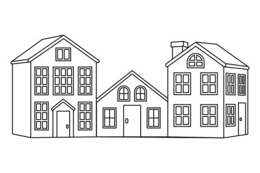 Çizgi sanatı siyah ve beyaz kasaba caddeleri