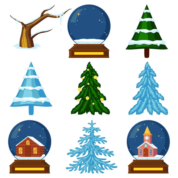 Kleurrijke cartoon set van kerstbomen en glazen ballen — Stockvector