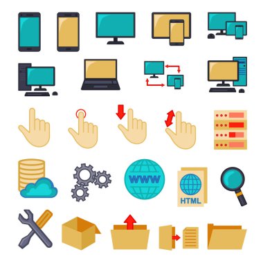 Karton renkli teknoloji temalı 24 element simgesi koleksiyonu