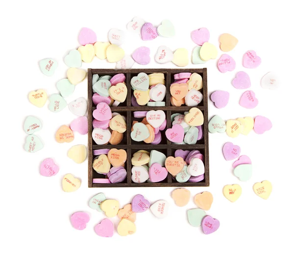 Candy conversation hearts  in a wooden box — Stock Photo, Image