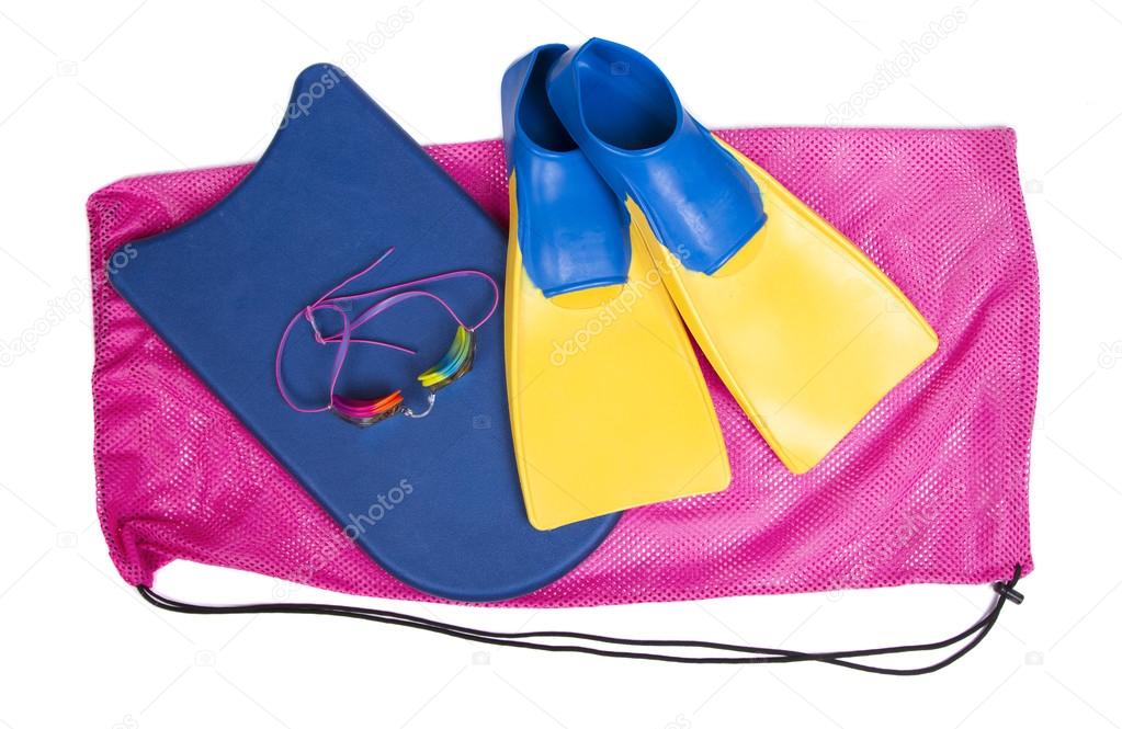 Swim team equiptment on a isolated white background