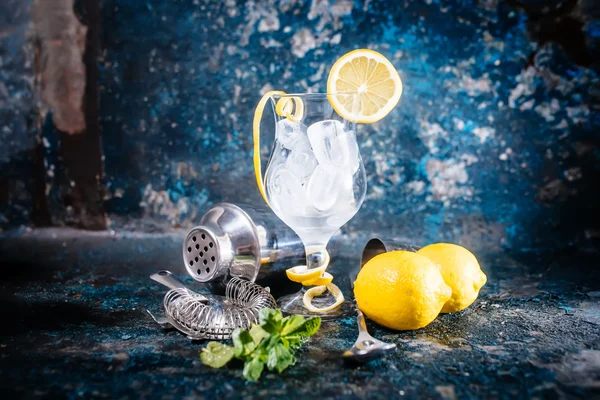 Fresh cocktail glass ready for beverage. Barman preparing cocktail at bar, pub or restaurant — Stock Photo, Image