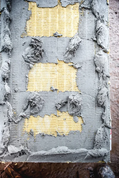 Vista superior do painel de isolamento de lã mineral, lã de rocha com argamassa adesiva — Fotografia de Stock
