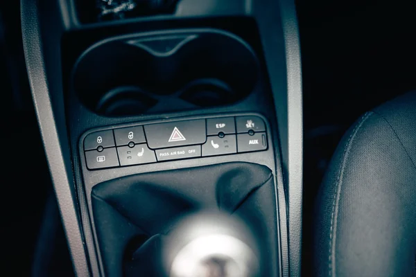 Car interior details, modern buttons dashboard and panel. Chair heating, airbags options — Stock Photo, Image