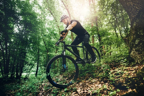 Trilha de ciclista de bicicleta de montanha profissional na floresta, detalhes de esportes — Fotografia de Stock