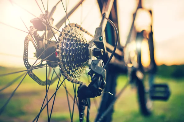 Zbliżenie na koła rowerowego z dźwignią zmiany biegów szczegóły, łańcuch i szprychy, koła zębate mechanizmu — Zdjęcie stockowe