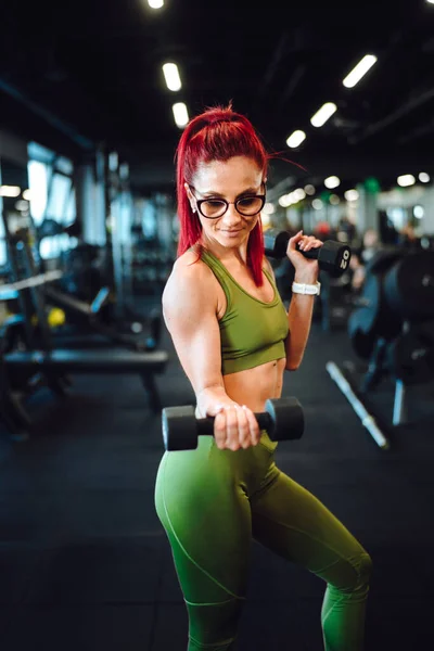Female Athlete Exercising Biceps Gym Dumbbell — Stock Photo, Image