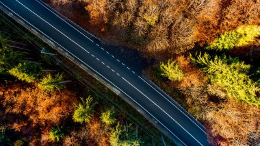 Hava aracının dağlardaki orman yolu manzarası. Renkli yol manzarası ve sarı yapraklı ağaçlar