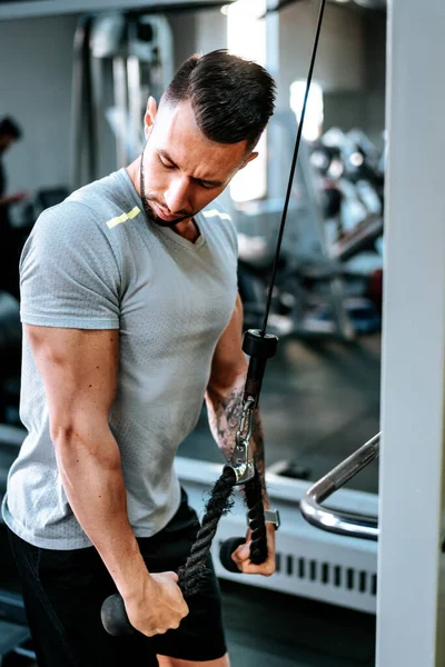 Schöner Kräftiger Athletischer Mann Der Trizeps Muskeln Trainiert Workout Fitness — Stockfoto