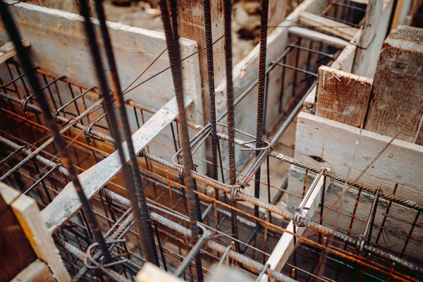 Reforço Trabalho Aço Vergalhões Construção Estrutura Concreto Construção Hastes Aço — Fotografia de Stock