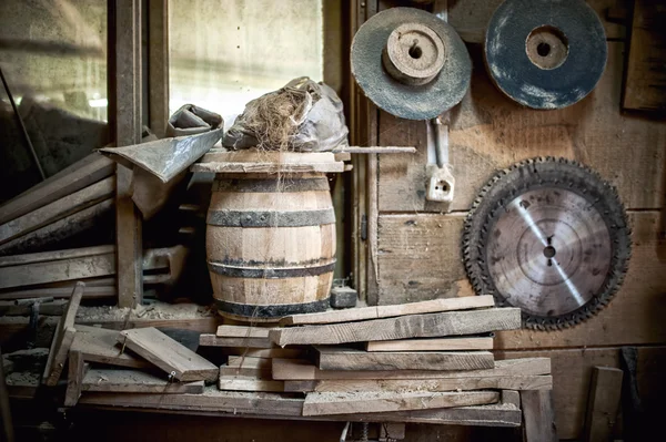 Old and dusty, vintage workshop of a carpenter with spider web and unused tools — Stock Photo, Image