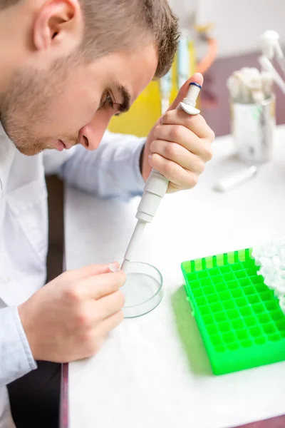 Científico y químico masculino examinando muestras y elementos químicos para enfermedades en laboratorio especial — Foto de Stock