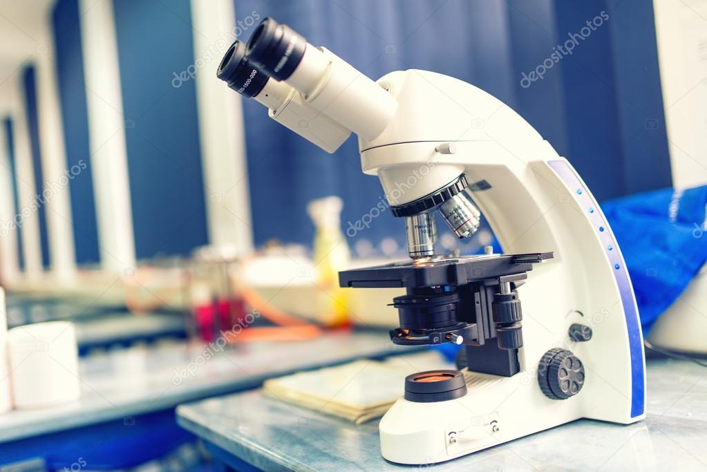 Chemical laboratory microscope and tools. Scientific and healthcare reasearch equipment