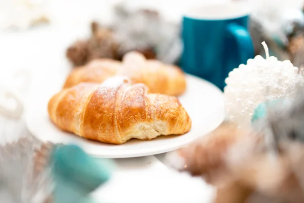 Close-up of breakfast with butter croissants and espresso. — Stock Photo, Image