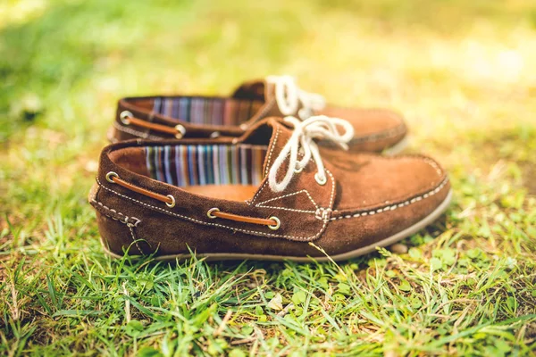 Mens brown leather shoes, suede leather. mens fashion concept, brown mocassins ready for catalog and sale — Stok fotoğraf