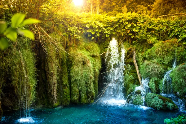 Сюрреалистический природный водопад озера с голубой бирюзовой водой и тропическим лесом — стоковое фото