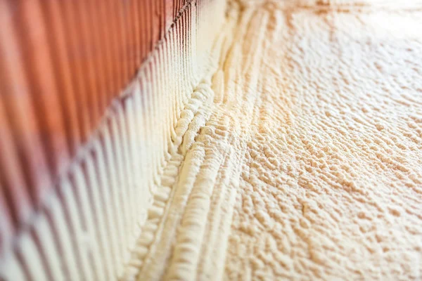 Thermal and hidro insulation with spray foam at house construction site, — Stock Image Thermal Hidro Insulation Spray Foam House Construction Site Stock Photo