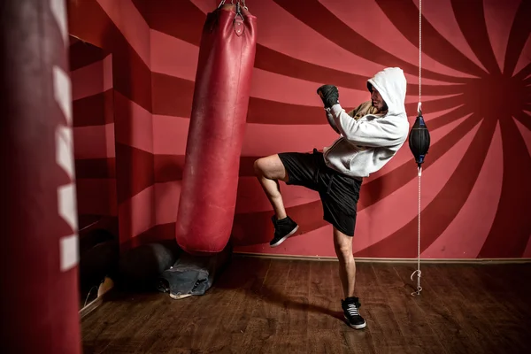 Boxer and athlete training and practicing kicks in the gym — Stock Photo, Image