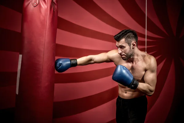 Professionele bokstraining met gespierde atletische man. Actieve bokser in de sportschool — Stockfoto