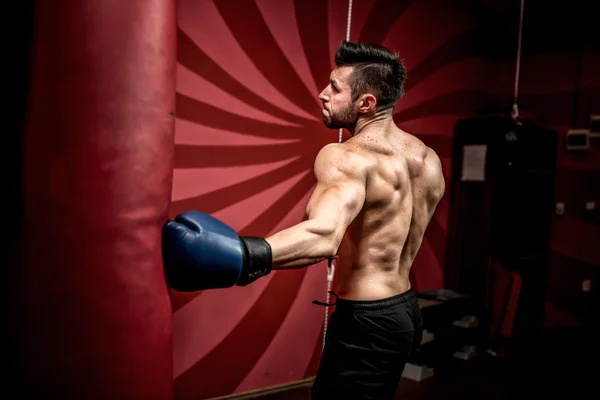 Profesionální boxer, boje a výcviku v tělocvičně. Silný, svalnatý muž, školení a boxu — Stock fotografie