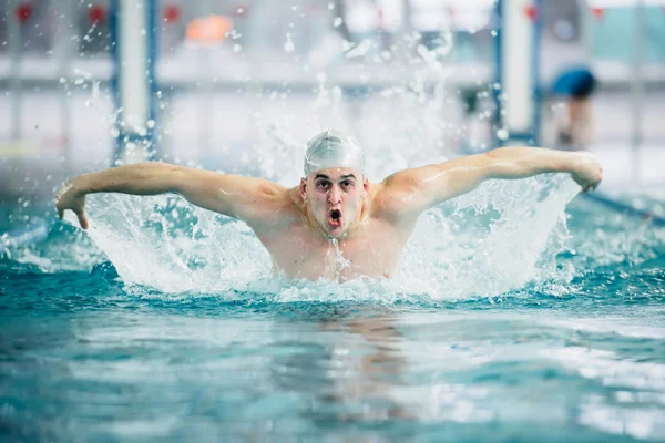 Schwimmer, die im Hallenbad die Schmetterlings-Schlagtechnik ausführen. Jahrgangseffekt — Stockfoto