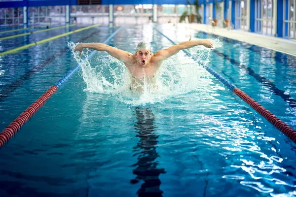 Professioneller männlicher Schwimmer, Ausführung der Schmetterlingstechnik im Hallenbad, Schwimmtraining — Stockfoto