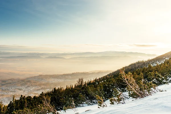 Paisagem montesa durante o inverno. Camadas de montanhas e vale de penhasco alto — Fotografia de Stock