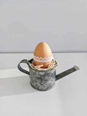 Paskalya yumurtası hafif arka planda küçük dekoratif çelik sulama kutusu.