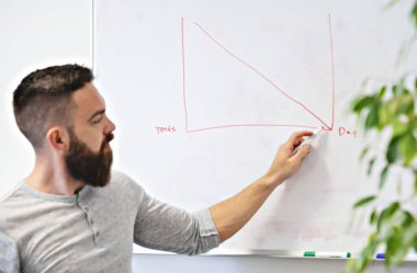 Man office worker student draws chart on whiteboard in modern office meeting room during lesson brainstorm. Bearded man in modern light class room with house plant