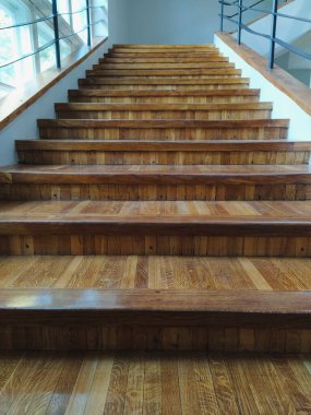 Parke izli parlak ahşap merdivenler, simetri ve gün ışığında temiz mimari iç mekan.