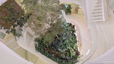 Modern atriyum iç mimarisi, beyaz nötr tonlar, biyofilik sakin ruh hali, Bulut Dansçısı 2026 renk