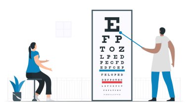 Görsel keskinlik, görüşün berraklığını kontrol etmek ve ölçmek için yapılan testtir. Kadın Snellen 'ın dosyasına bakıyor. Ulusal Glaucoma Bilinç Ayı için Infographic.