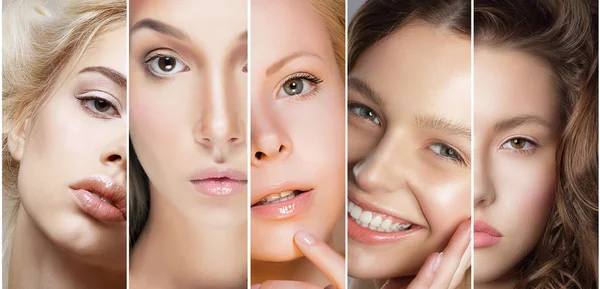 Collage di bellezza. Set di volti femminili con trucco diverso — Foto Stock