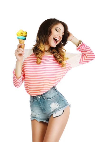 Pleasure. Cute Young Woman with Ice Cream Enjoying Life — Stock Photo, Image