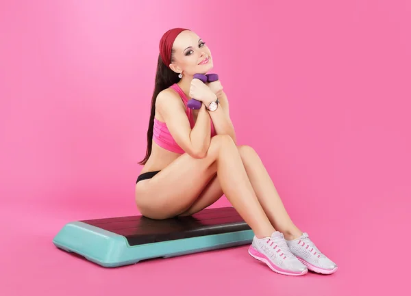 Recreation. Slender Calm Woman with Dumbbells Relaxing — Stock Photo, Image