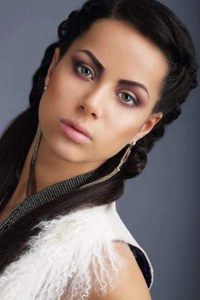 Fascination. Face of Young Nice Looking Brunette with Earrings — Stock Photo, Image