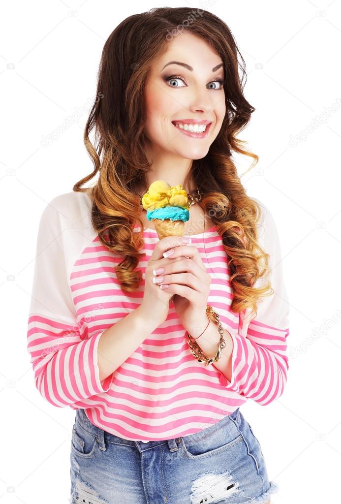 Friendly Woman Holding Ice Cream and Smiling