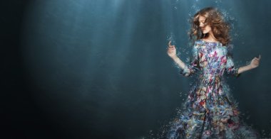 Immersion. Woman in Deep  Blue Sea. Fantasy clipart