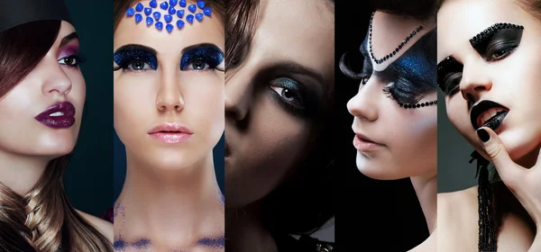 Colagem de Beleza. Mulheres com Maquiagem Incomum — Fotografia de Stock