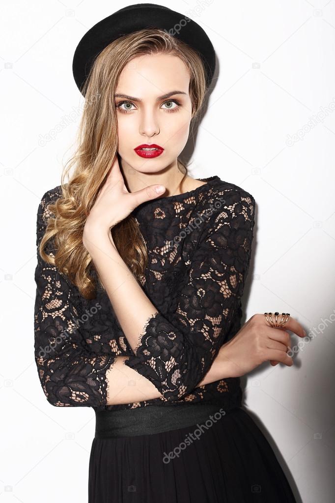 Vogue. Classy Fashion Model in Dark Lacy Blouse