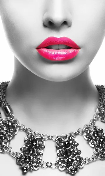 Emphasis. Black & White Woman's Face with Pink Lips — Stock Photo, Image