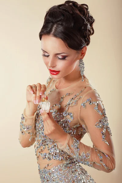 Fragrance. Young Woman with Perfume Bottle — Stock Photo, Image